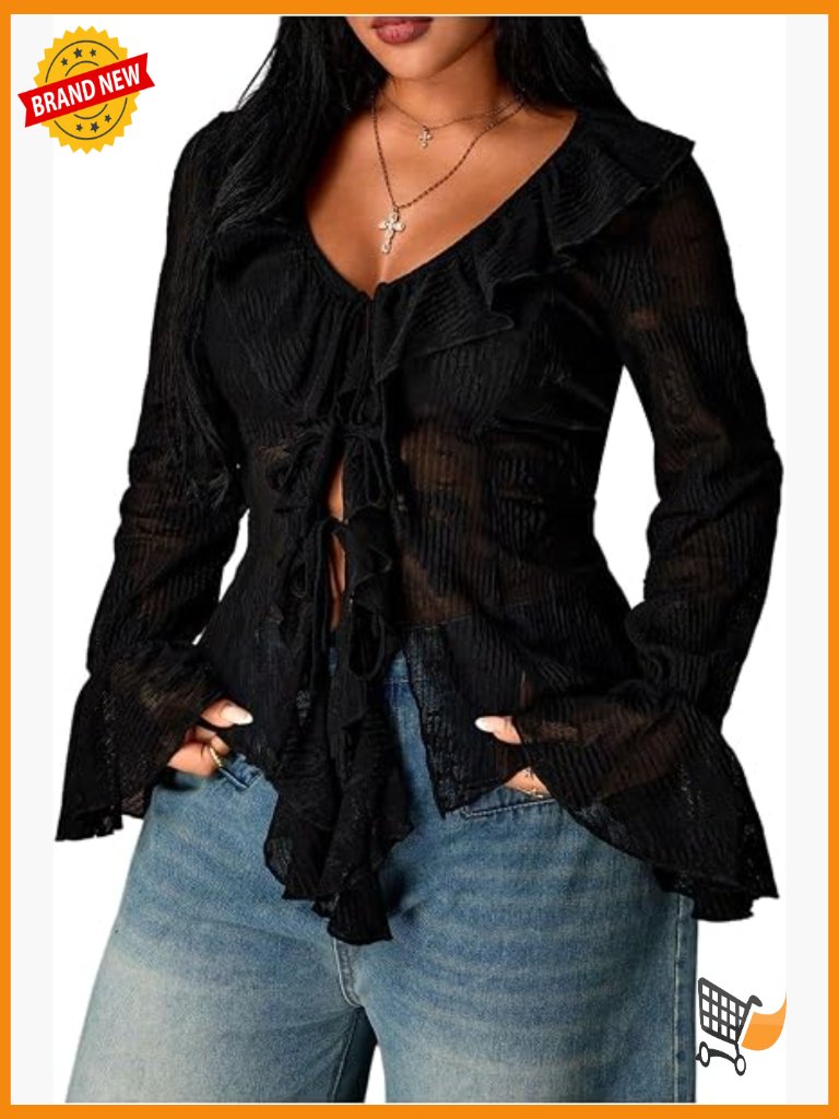 Women's Plus Size Ruffle Blouse V Neck Bell Long Sleeve Tie Front Sheer Going